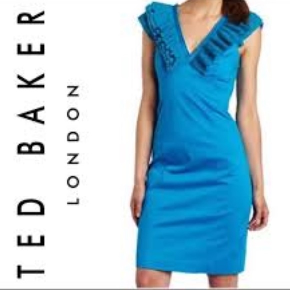 Ted Baker London Vibrant Blue V-Neck Ruffle Neck/Sleeves Cotton Cocktail Dress M - Picture 1 of 16